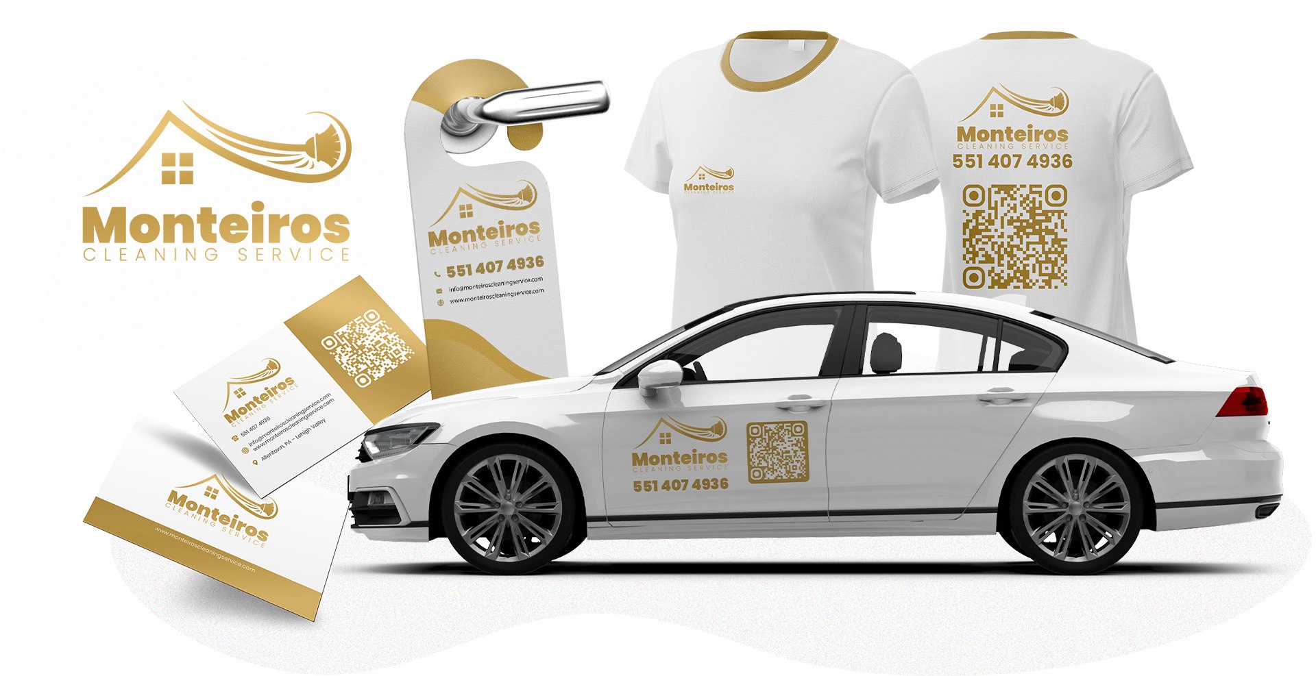 Complete visual identity for Monteiros Cleaning Service: logo, business cards, t-shirts, car magnet and door hanger